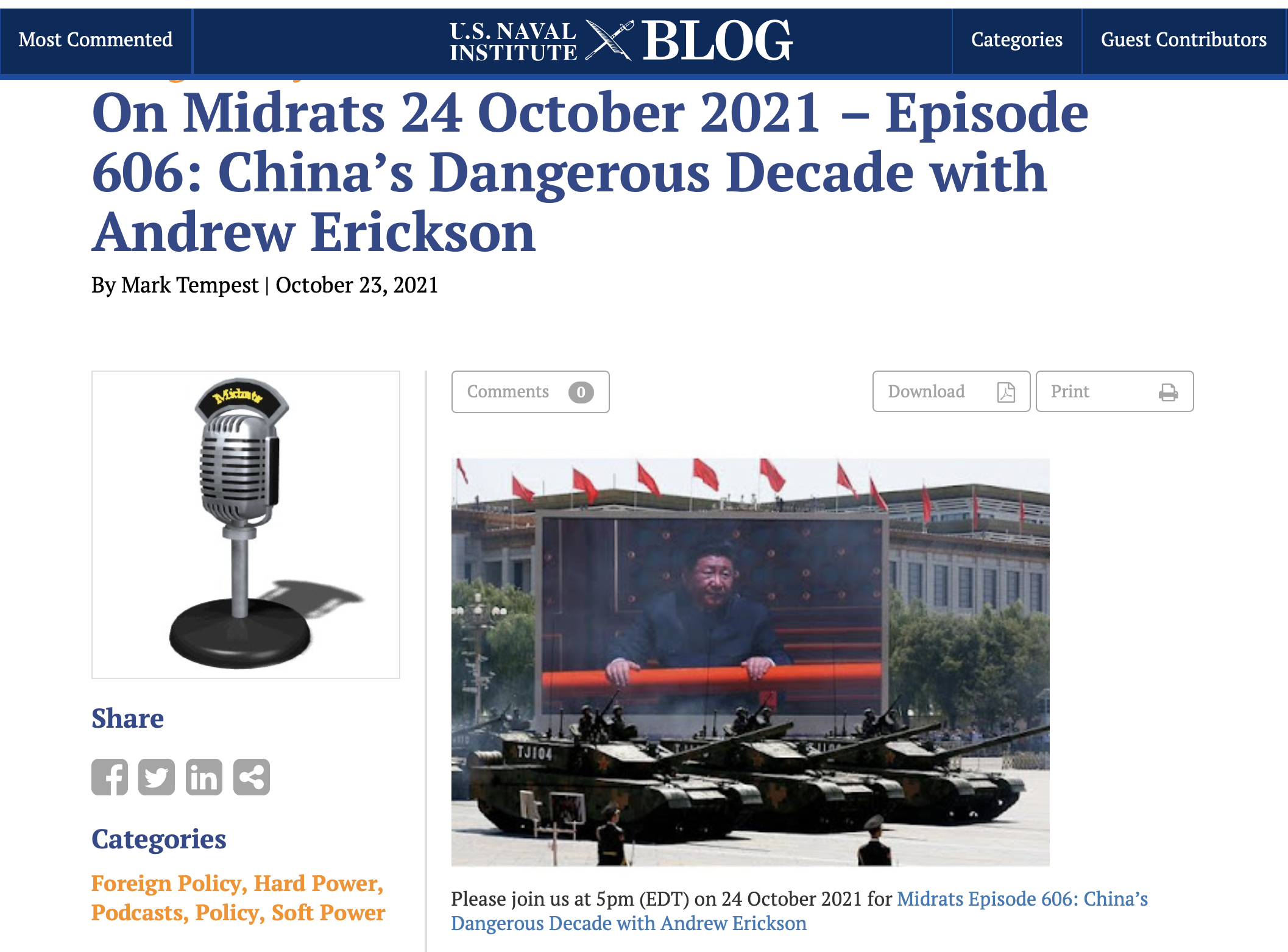 On Midrats 24 October 2021 – Episode 606: China’s Dangerous Decade with Andrew Erickson By Mark Tempest | October 23, 2021