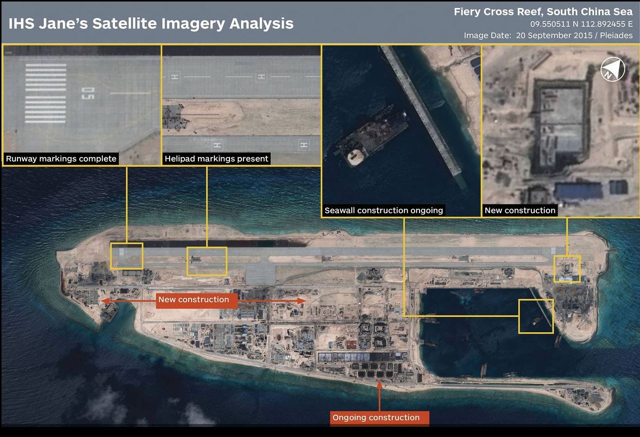 Airbus Defence and Space imagery dated 20 September 2015 shows ongoing development of the artificial island created at Fiery Cross Reef in the South China Sea. The runway is complete with markings installed, including helipads, suggesting a potential for use in the near future.