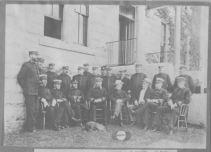 Faculty and Students from NWC Class of 1902. ADM (Ret) Stephen B. Luce, NWC Founder, is seated fourth from the right. NWC President, Captain F. Chadwick, is seated second from right.