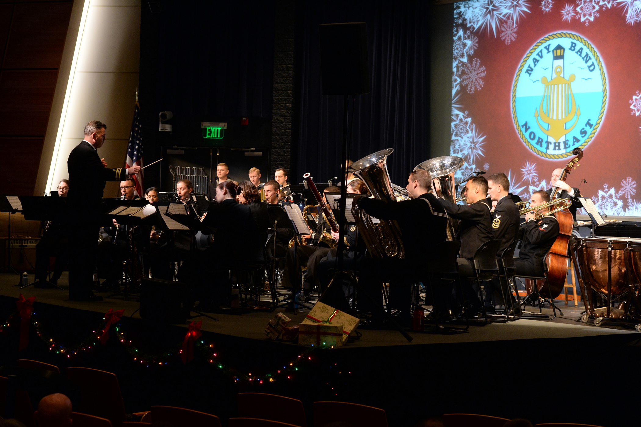 141214-N-PX557-035 NEWPORT, R.I. (Dec. 14, 2014) Lt. Cmdr. Carl Gerhard, director and bandmaster for Navy Band Northeast (NBNE), conducts “A Christmas Festival” during Navy Newport’s Holiday Concert at U.S. Naval War College (NWC) in Newport, Rhode Island. The free concert included a 15-song set presented by NBNE’s Pop Ensemble and served as an opportunity to celebrate the holiday season with guests, family and friends of NWC and Naval Station (NAVSTA) Newport. Established in 1974, NBNE is based on board NAVSTA Newport and is one of 11 official U.S. Navy bands worldwide, providing musical support for military ceremonies, recruiting, morale and retention programs and community relations. (U.S. Navy photo by Chief Mass Communication Specialist James E. Foehl/Released)