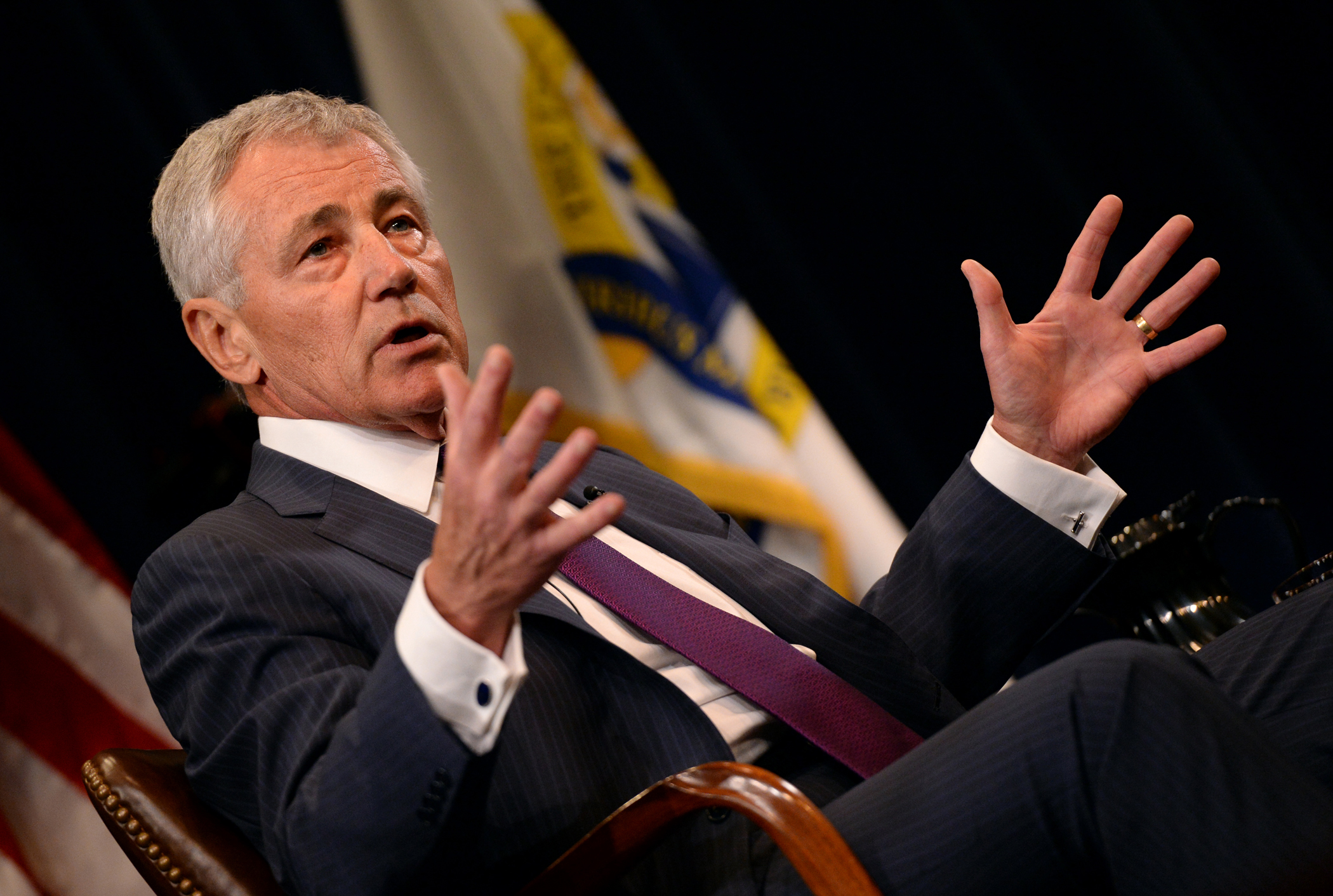 140903-N-PX557-161 NEWPORT, R.I. (Sept. 3, 2014) Secretary of Defense Chuck Hagel discusses current defense department issues during a live interview with Jim Sciutto, chief national security correspondent for CNN, at U.S. Naval War College (NWC) in Newport, R.I. Following the interview, Hagel provided a question and answer session for students, staff and faculty of NWC. Hagel ’s visit to NWC was a planned event during a six-day trip, which includes stops to the 2014 NATO Summit in Wales, Georgia and Turkey. (U.S. Navy photo by Chief Mass Communication Specialist James E. Foehl/Released)