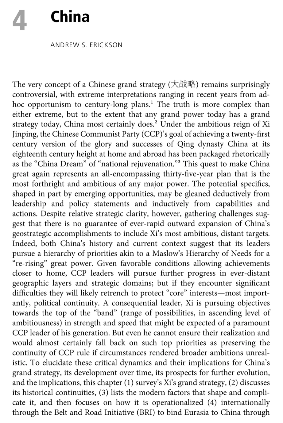 “China,” in Thierry Balzacq, Peter Dombrowski, and Simon Reich, eds., Comparative Grand Strategy: A Framework and Cases (Oxford, UK: Oxford University Press, 2019), 73.