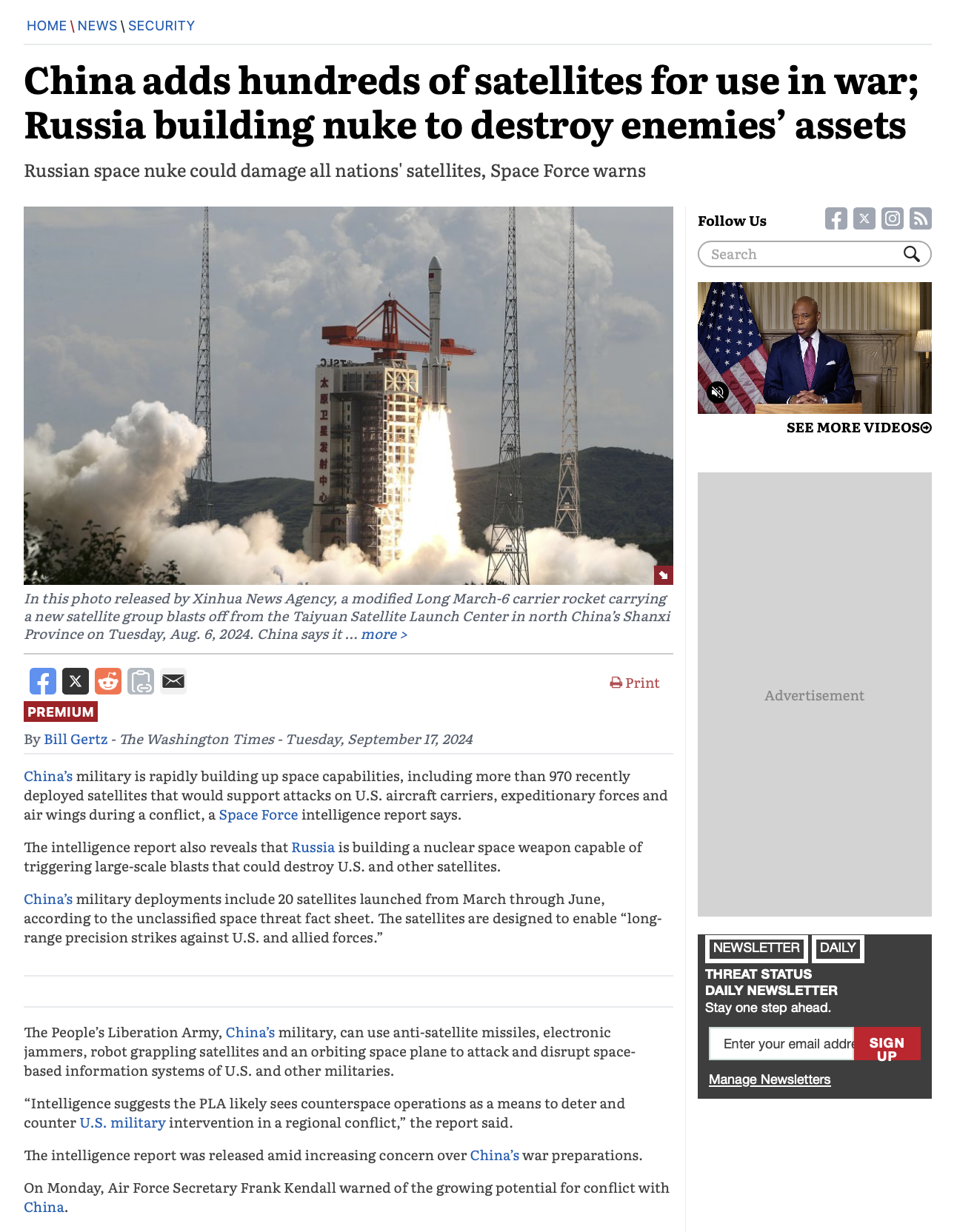 China Adds Hundreds of Satellites for Use in War; Russia Building 