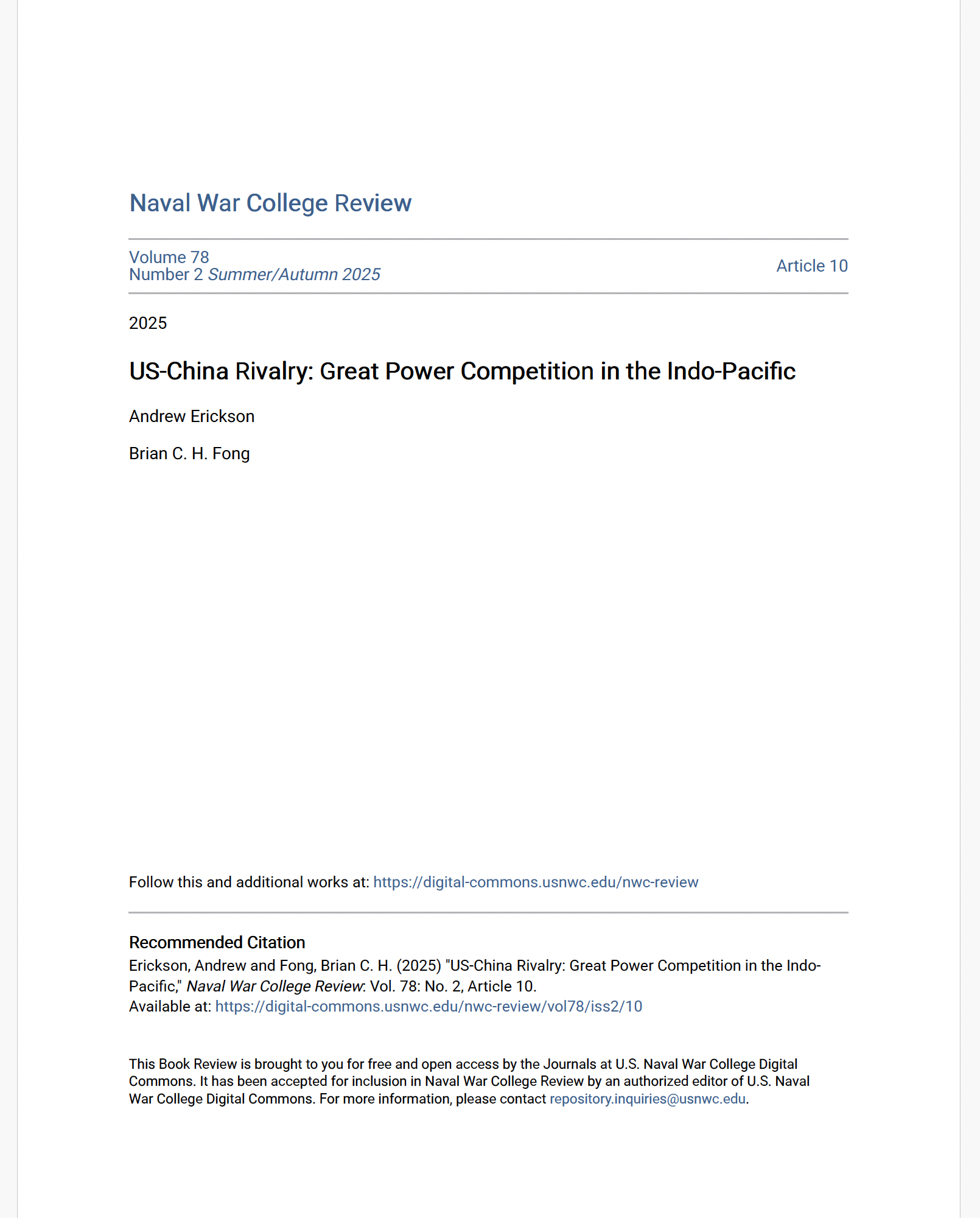 Honored to Review “U.S.-China Rivalry: Great Power Competition in the  Indo-Pacific”—in Special U.S. Navy 250th Anniversary Double Issue of Naval  War College Review! | Andrew S. Erickson